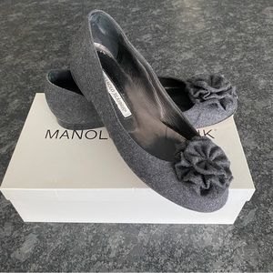 Authentic Manolo Blahnik Gisina Flats Dark Grey Wool Sz 37